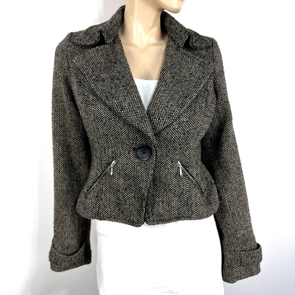 CAbi Jacket Tweed Moto  Cropped coat Button Blazer Size 8 Style 638 Black/Brown - Picture 5 of 15